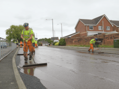 The photos show the low carbon 'Milepave’ process being used by contractor Miles Macadam on Tan House Road roundabout, Skelmersdale