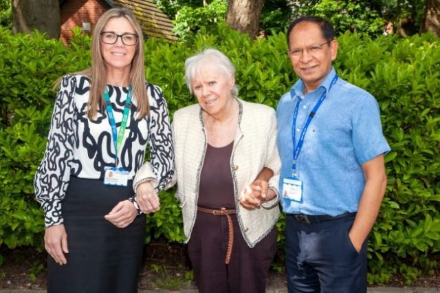 Mrs Freda Grimshaw (centre) with Prof. Sanjay Arya (right) and Shirley Martland, Associate Director of Financial Services (left)