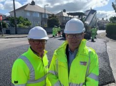 Picture shows (L-R) County Councillor Rupert Swarbrick, cabinet member for highways and transport, and County Councillor Shaun Turner, cabinet member for environment and climate change, visiting Barley Cop Lane, Lancaster, to see the biogenic bitumen in use
