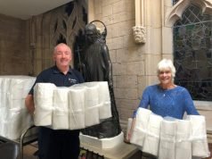 Essity’s Mark Jackson delivering a toilet roll donation to St Laurence's Church Foodbank in Chorley.
