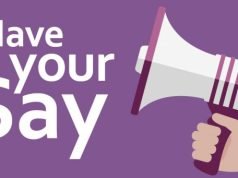 This image says 'Have Your Say' with an icon of a megaphone (LCC)